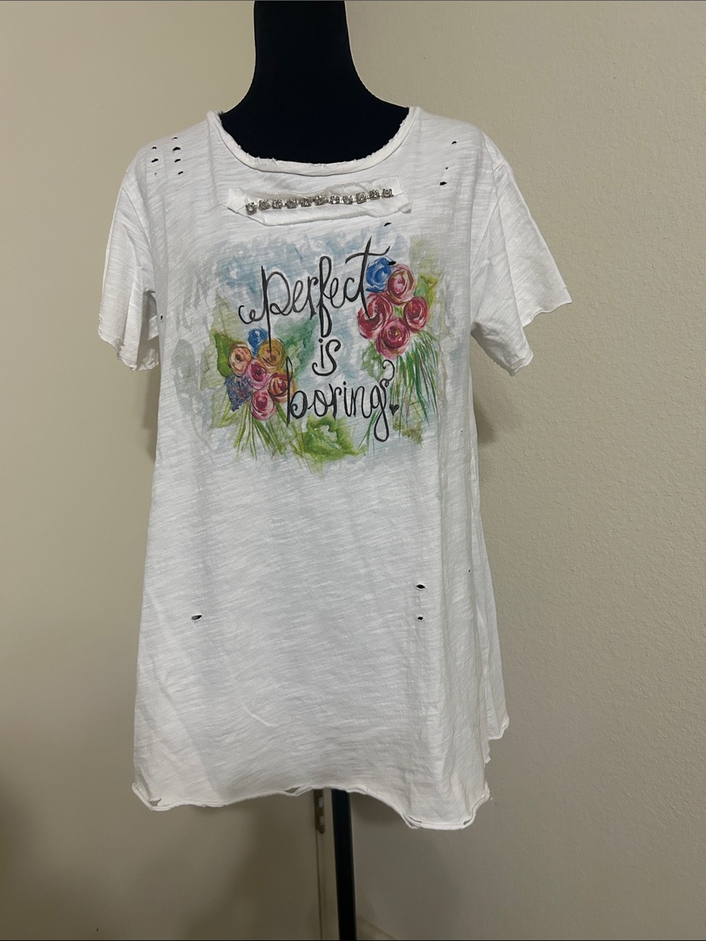 White Floral Graphic Tunic Top – "Perfect is Boring"